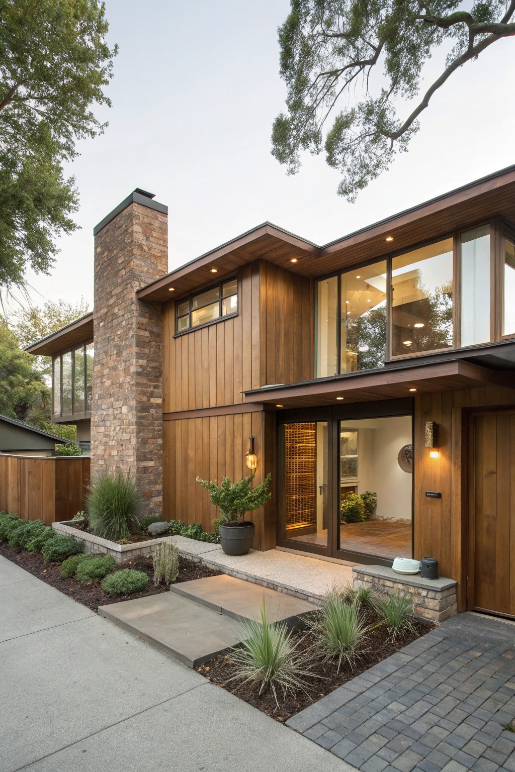 Two-story modern house exterior with vertical brown wood siding, tall brick chimney, large glass windows and entry doors, wood fence, and low landscaping along the front path.