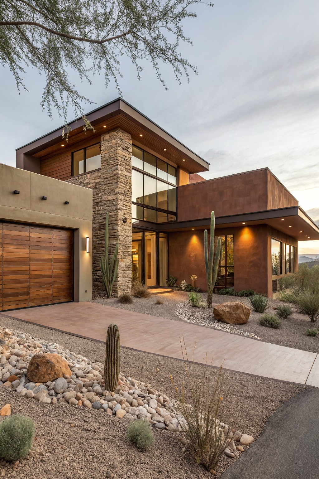 Modern brown house exterior with tall stone pillar beside wooden garage door, large glass windows, stucco walls, and desert landscaping with cacti and rocks.