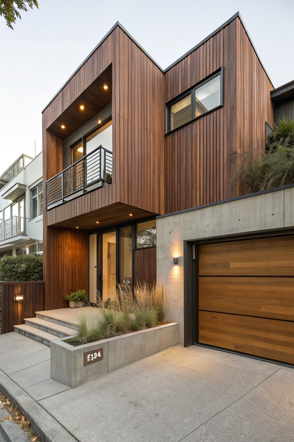 Modern two-story house exterior with vertical brown wood cladding on upper levels, concrete base and garage, wooden garage door, glass entry doors, steps, planter box with grasses, and address plaque.