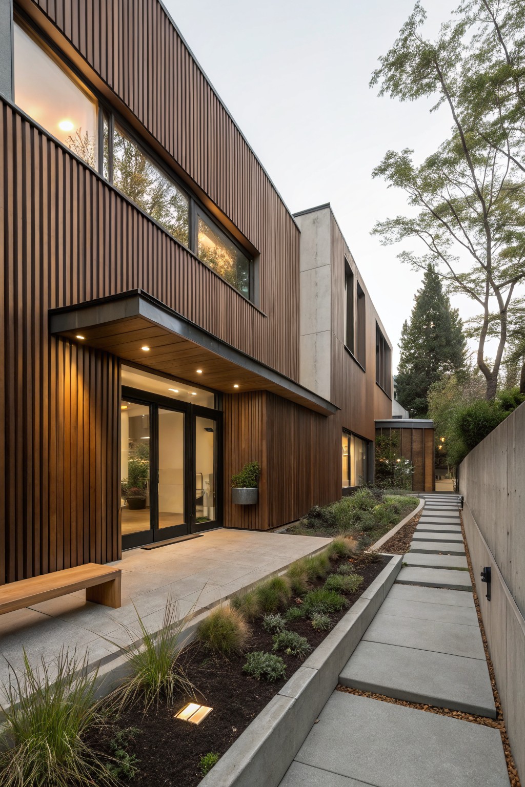 Modern two-story house exterior with vertical brown wood cladding on walls, concrete accents and pathway, large glass windows, covered entry with doors and wooden bench, potted plant, and low border planting with grasses along the path.