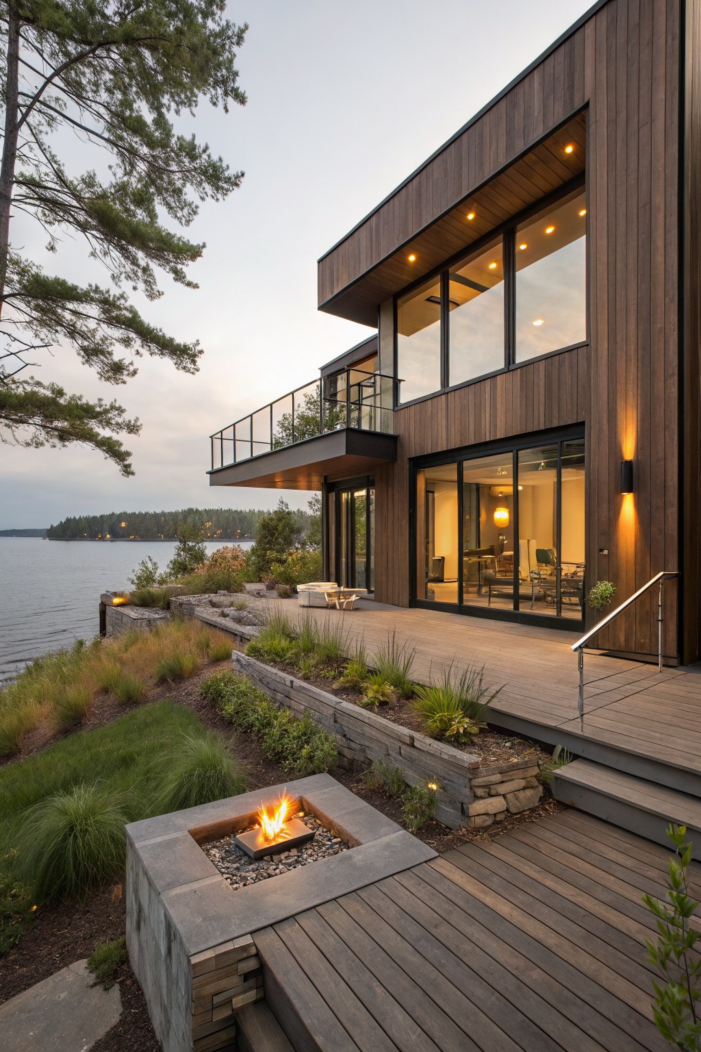 Modern brown wood-clad house exterior with vertical siding, cantilevered upper level featuring glass walls and balcony, lower wooden deck with built-in fire pit, stone retaining walls, native grasses, and lake view at dusk.