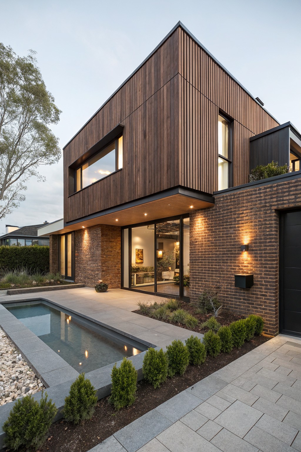 Corner exterior view of a modern two-story house featuring brown vertical wood cladding on the upper volume, red brick base with glass entry doors, black garage door, small rectangular reflecting pool, boxwood shrubs, and pebble ground cover in the foreground.
