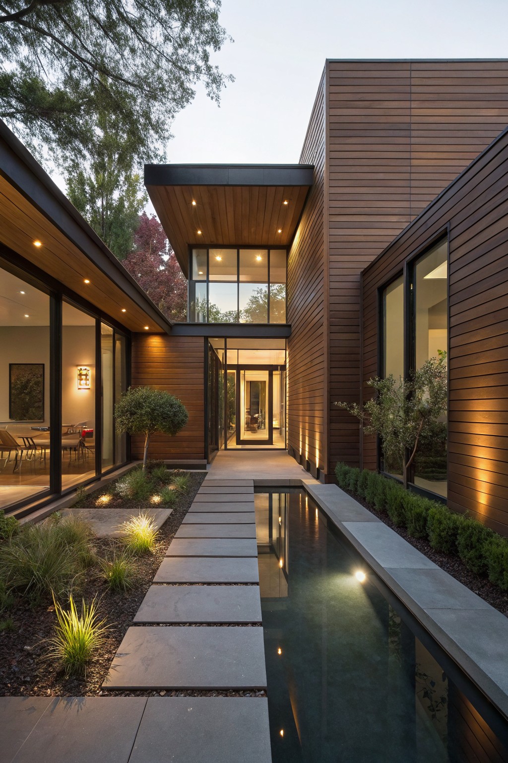 Modern house exterior with brown horizontal wood siding, black metal window frames, glass entry doors, gray stone pathway next to a narrow reflecting pool, grasses, shrubs, and trees in evening light.