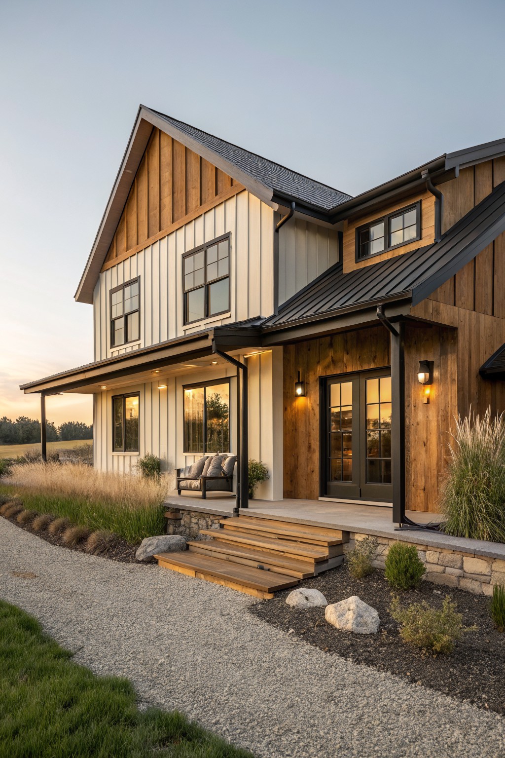 Two-story house exterior with white shiplap siding, brown vertical board-and-batten wood cladding on gable and porch supports, black metal roof, covered porch with hanging swing and glass doors, wooden steps to gravel path, grasses and rocks in front yard.