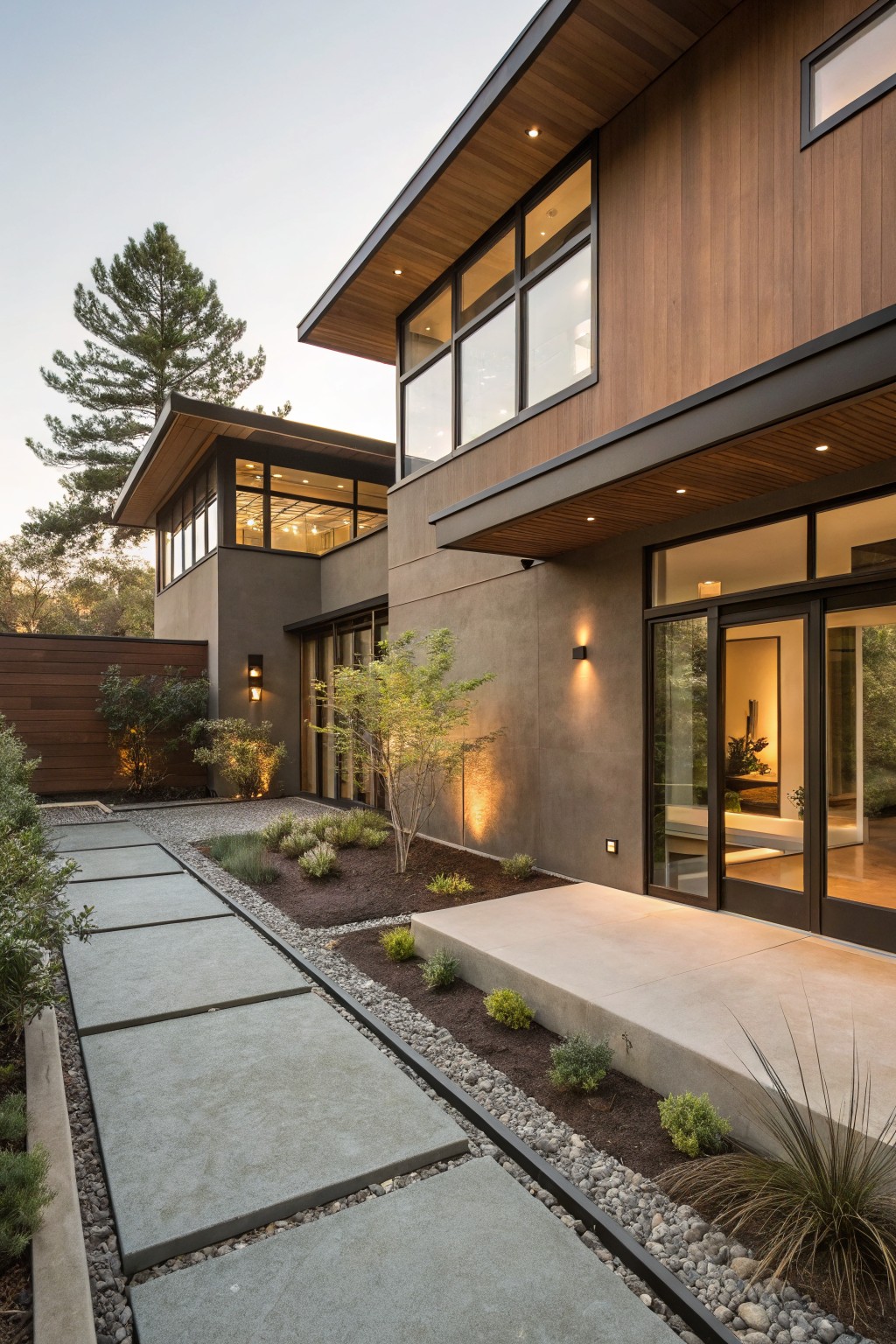 Modern two-story house exterior with horizontal brown cedar wood cladding on upper sections, gray stucco lower walls, large glass windows and sliding doors at entry, concrete paver pathway, gravel landscaping, and pine trees in background.