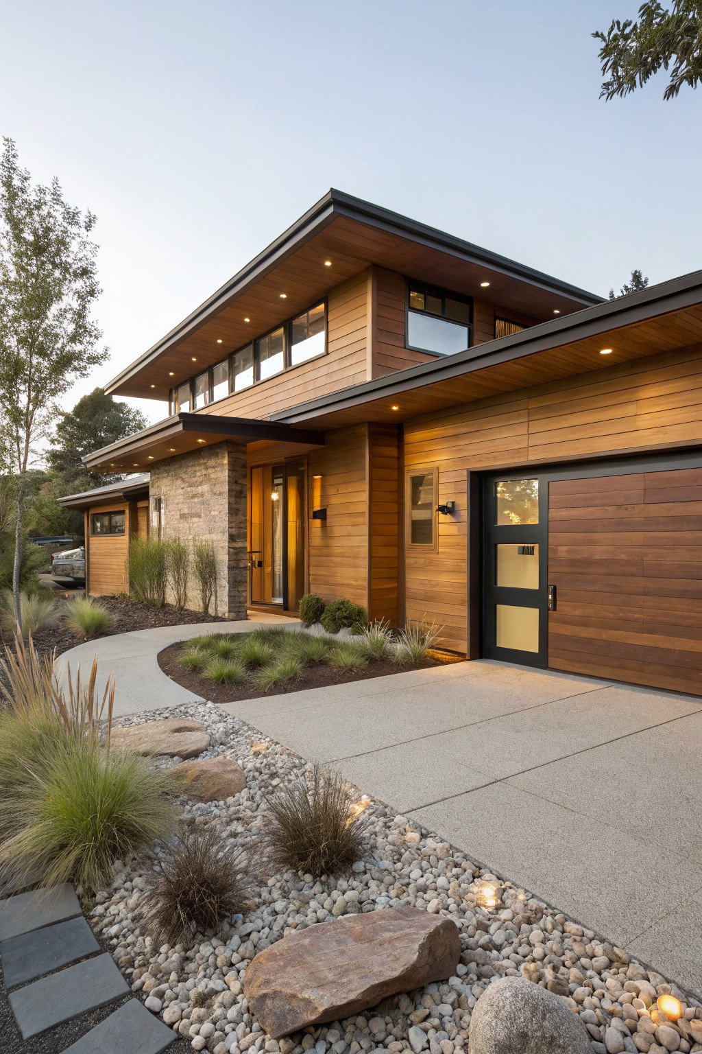 Modern two-story house exterior with brown horizontal wood cladding, cantilevered roof sections, stone pillar at glass entry door, wood and glass garage door, concrete path, and surrounding grasses and rocks.