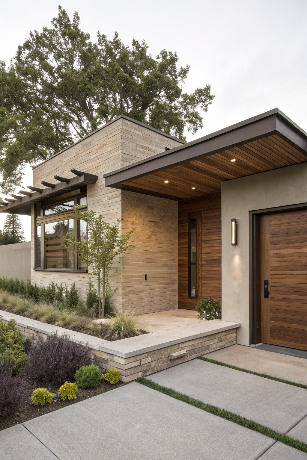 Modern house exterior with beige stacked stone walls, brown wooden garage door and entry canopy with slats, stucco side wall, stone steps, and low native plants along a concrete walkway.