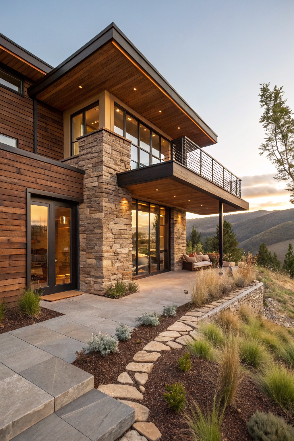 Two-story modern house exterior with brown wood siding, beige stone pillar, large glass windows and sliding doors, cantilevered balcony with wood ceiling and metal railing, slate tile path and steps leading to entry, ornamental grasses and shrubs along retaining wall on hillside at sunset.