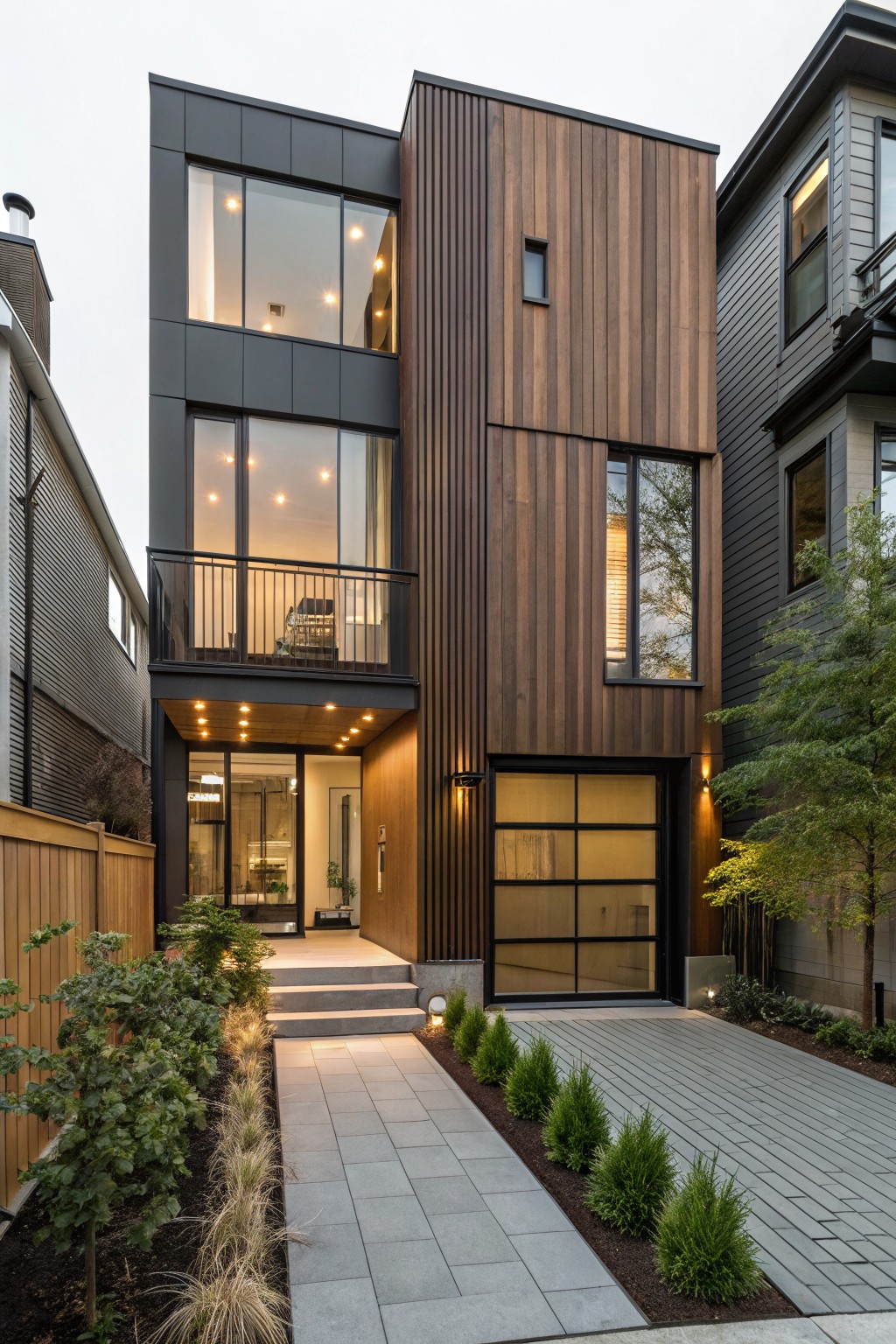 A two-story modern house exterior with black metal panels on the main facade, vertical brown wood cladding on the side, large windows, glass garage door, entry canopy, concrete pathway, and low shrubs along the edge.