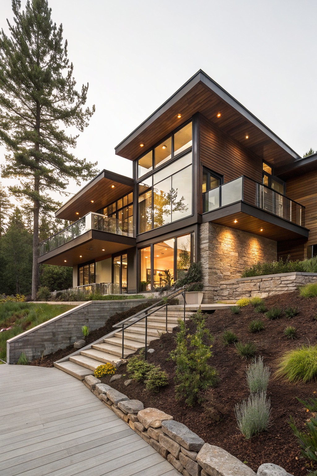 Modern two-story house exterior featuring horizontal brown wood cladding on upper levels, large glass windows and balconies, stone retaining walls and stairs on a sloped site with surrounding pine trees and landscaping.