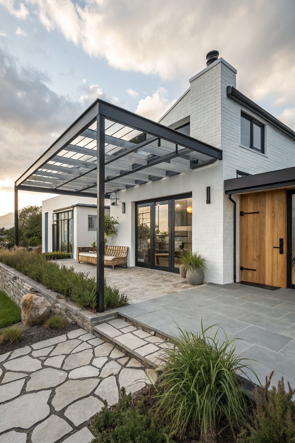 Black Steel Pergola Shades White House Patio