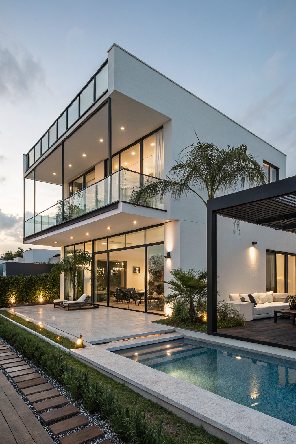 Two-story modern white house exterior at dusk featuring a cantilevered upper balcony with glass railings, large glass windows and doors, adjacent infinity-edge pool, wooden deck path, palm trees, and landscape lighting.