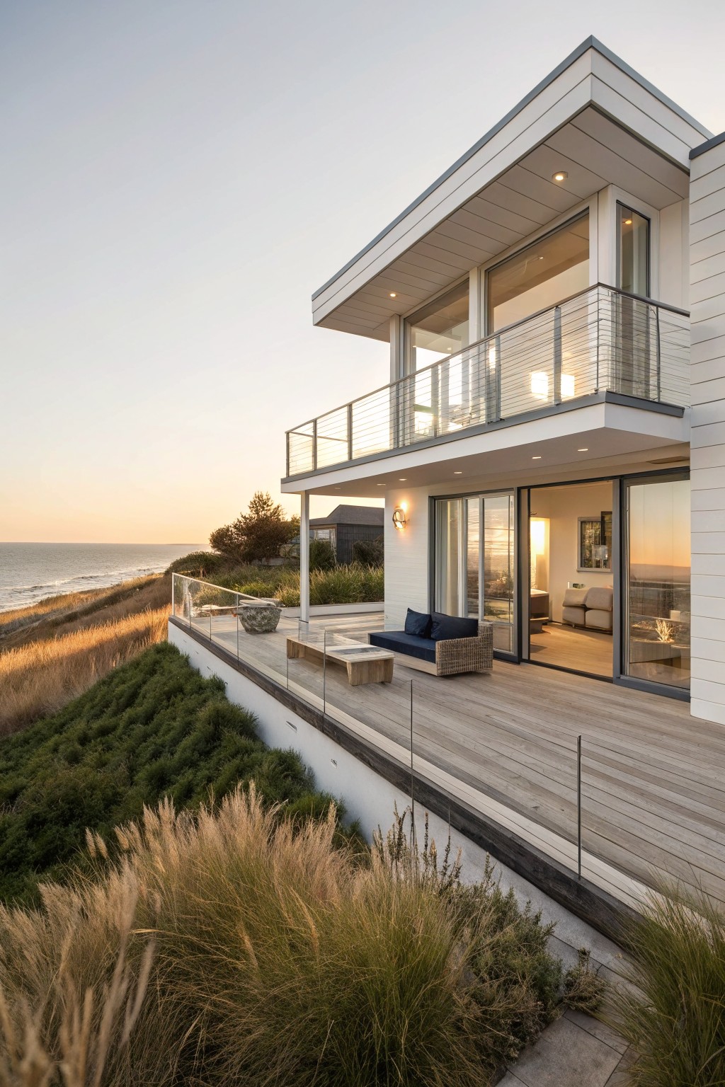 Modern white house exterior with cantilevered upper balcony featuring glass railings and sliding doors, wooden deck below, surrounded by dune grasses and overlooking ocean at sunset.