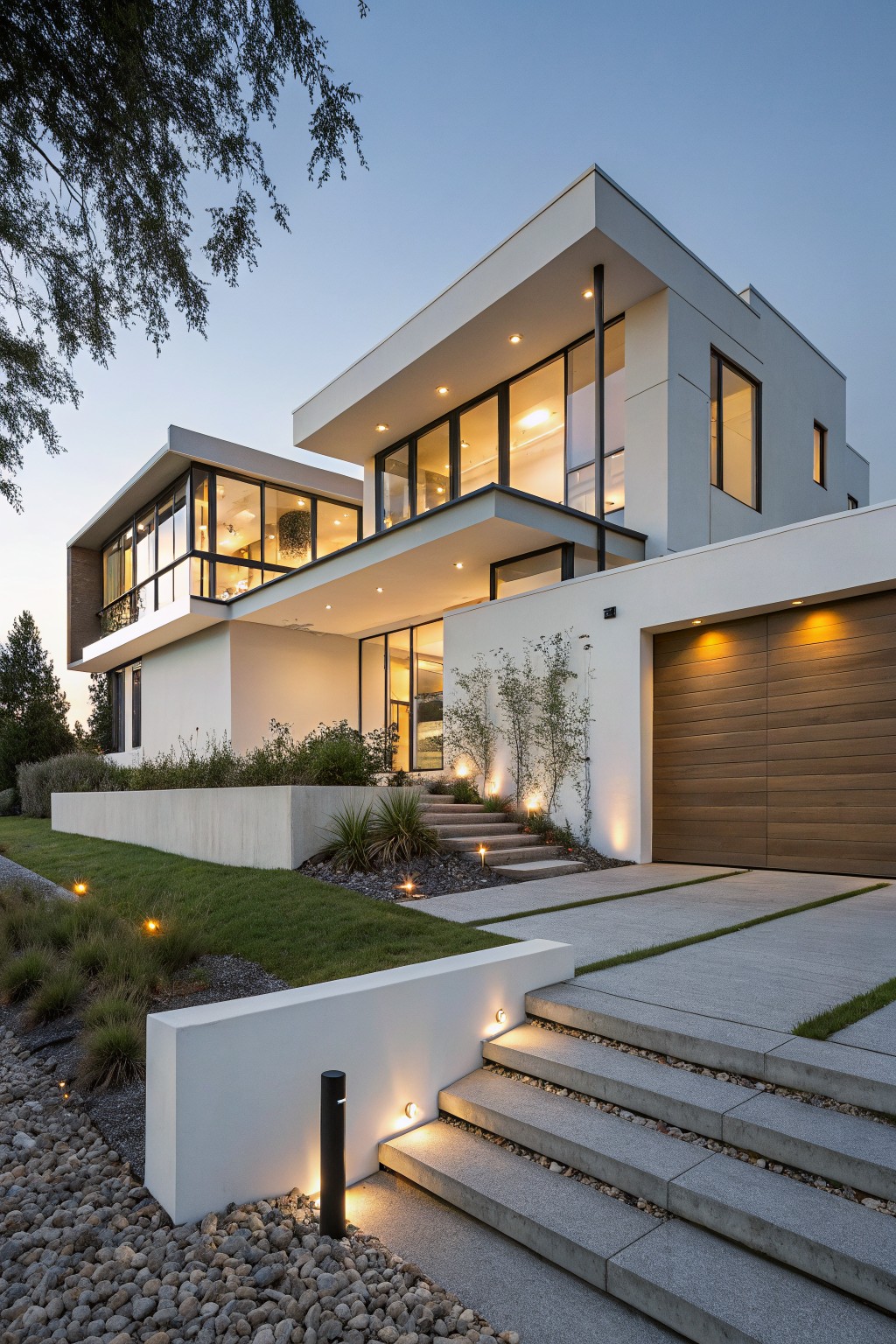 A two-story modern white house exterior featuring a cantilevered upper level with large glass windows, a recessed wooden garage door, concrete entry steps, and subtle landscaping at dusk.