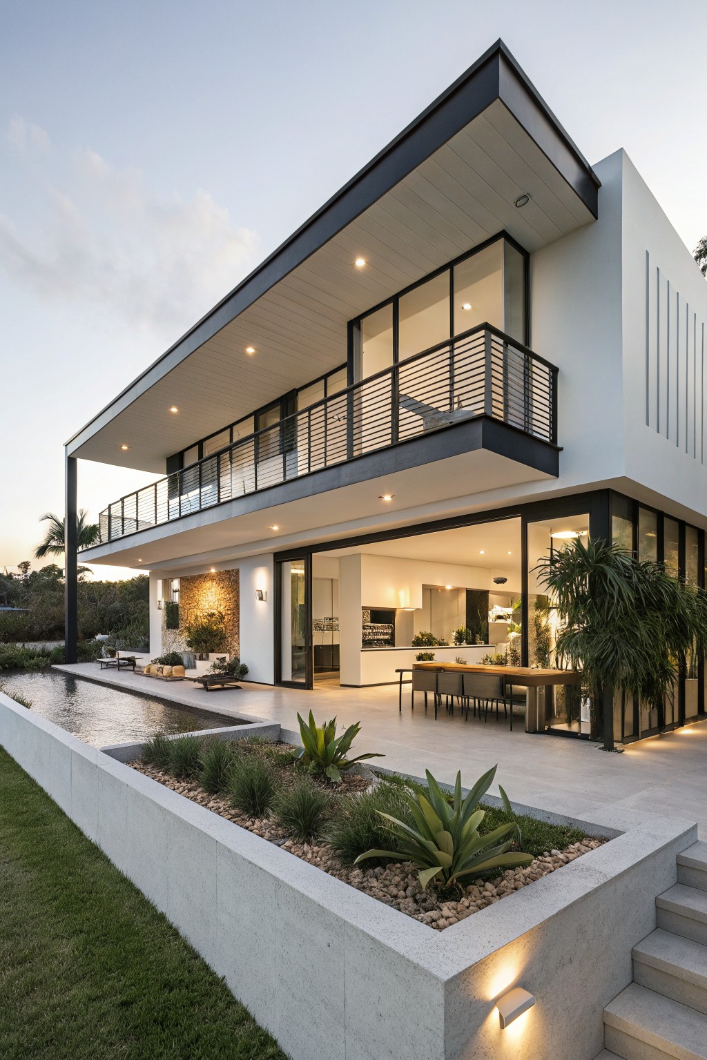 Two-story modern white house exterior at dusk with black-trimmed overhanging flat roof, cantilevered balcony with horizontal railings, large glass windows and doors, infinity-edge pool, patio dining area, and landscaped planters along a lawn.