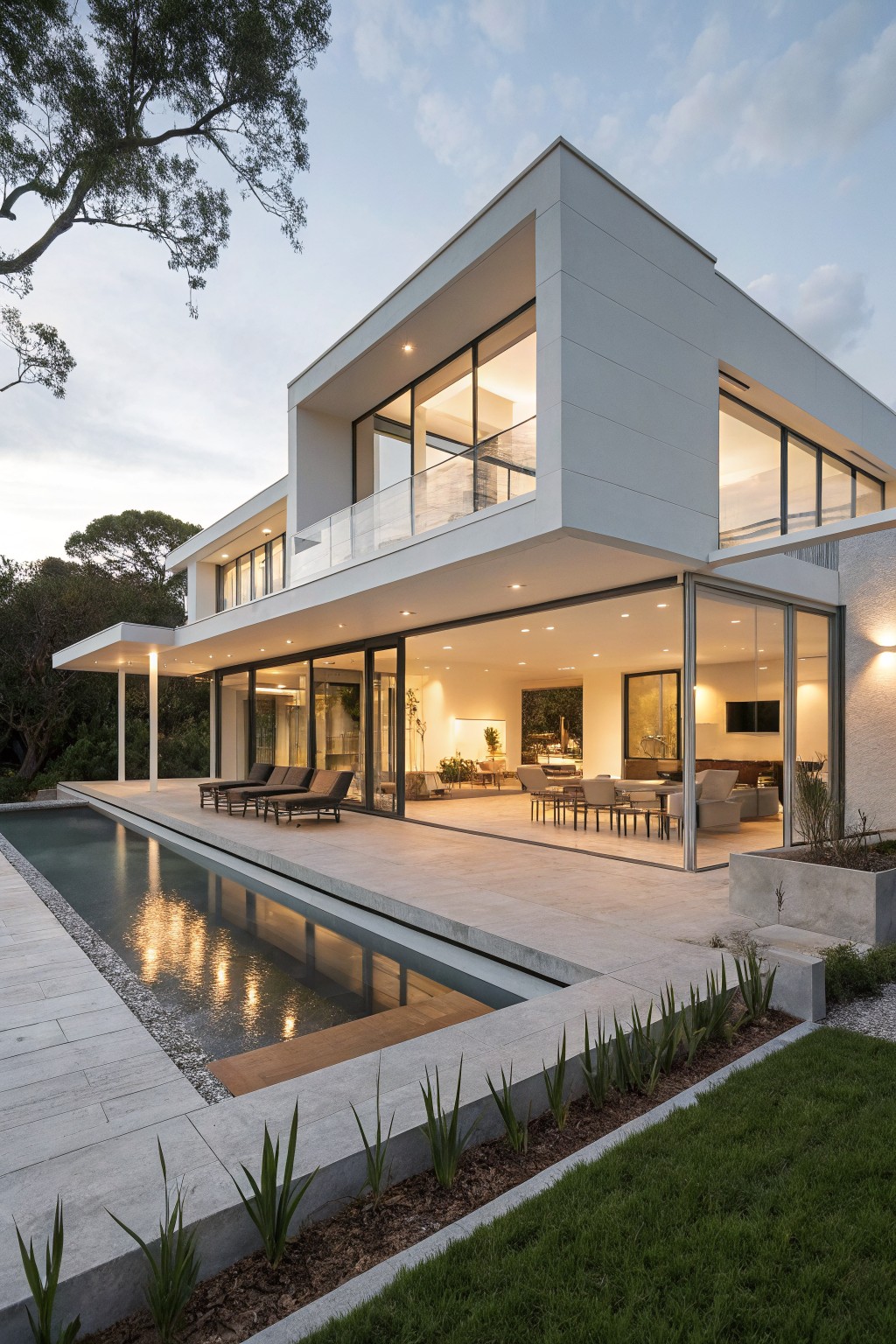 Modern white house exterior with cantilevered upper volumes over a narrow rectangular pool and tiled terrace with lounge chairs, dining table, and surrounding greenery at dusk.