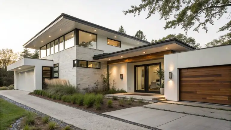 Modern white stucco house exterior with black metal roof edges, large glass windows, wood-clad entry canopy, black front door, wall lights, potted plant, and ornamental grasses along concrete path and gravel bed.