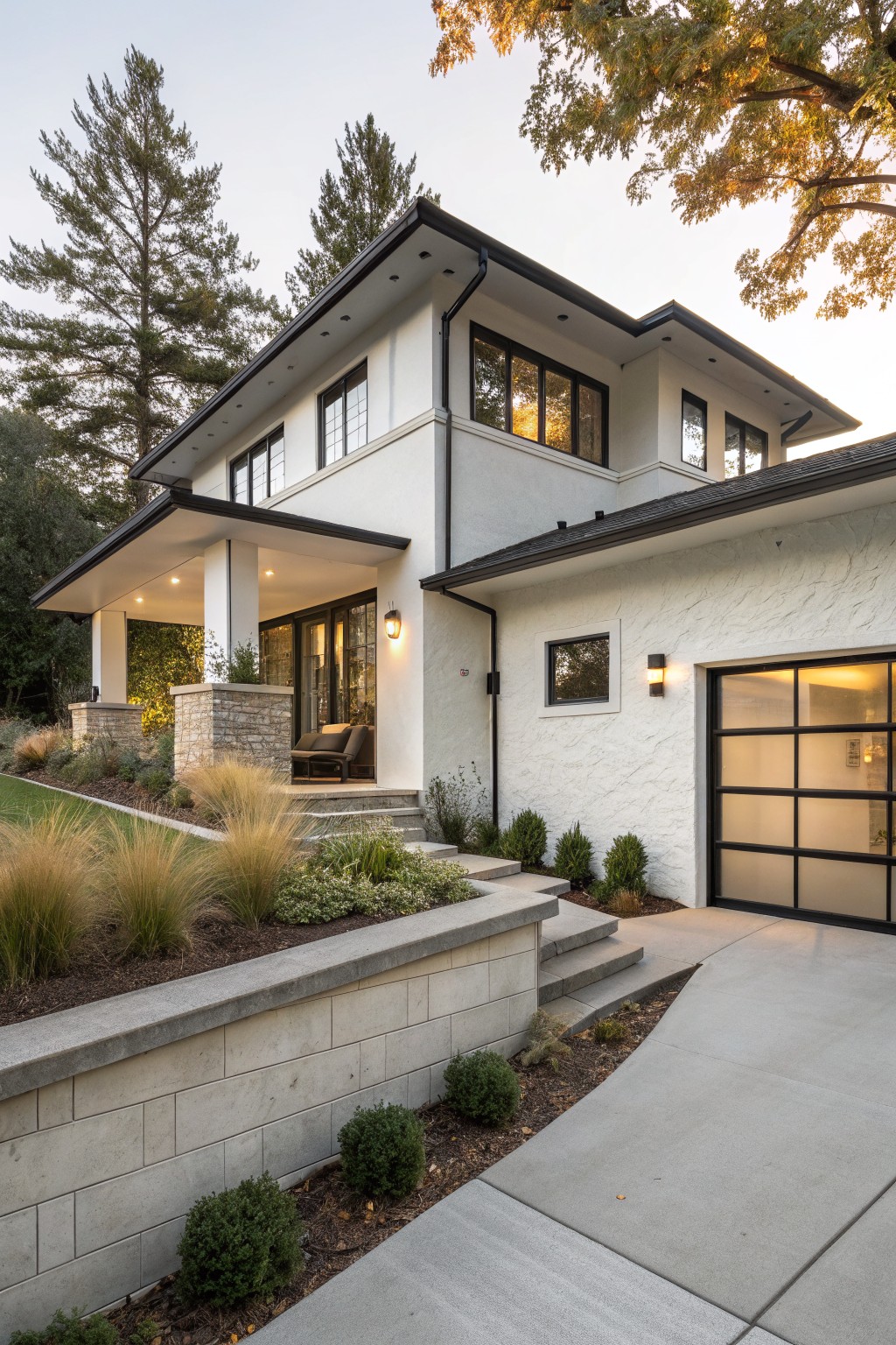 Two-story white stucco house exterior featuring black metal roof, black-framed windows, deep covered porch with stone pillars and lounge seating, frosted glass garage door, concrete steps and retaining wall, and low landscaping with grasses and shrubs.