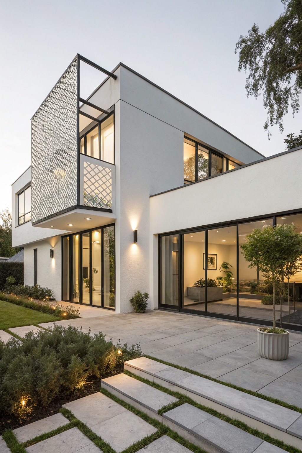 Modern two-story white house exterior with perforated metal screen on upper balcony, large sliding glass doors at ground level, paved patio with steps, low shrubs, and trees in the background at dusk.