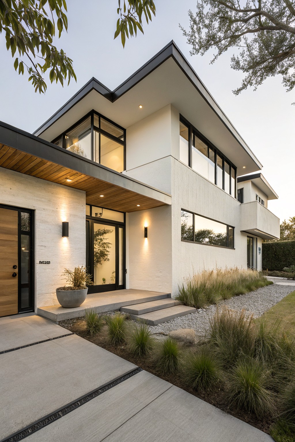 Modern white stucco house exterior with black metal roof edges, large glass windows, wood-clad entry canopy, black front door, wall lights, potted plant, and ornamental grasses along concrete path and gravel bed.