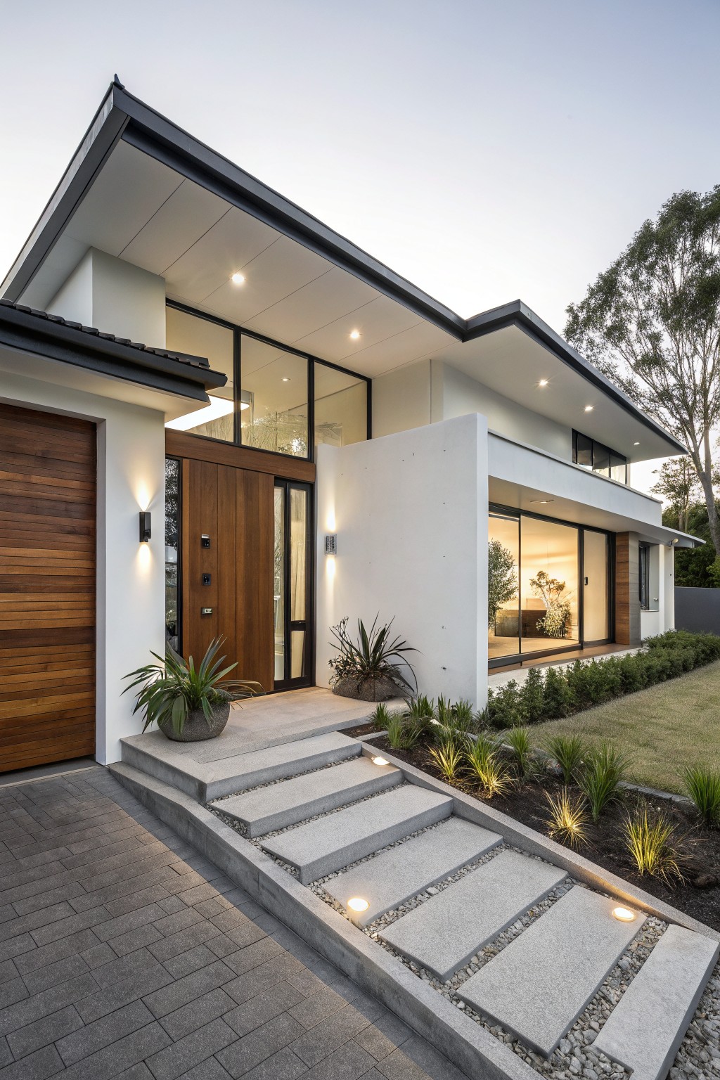 Modern white house exterior with angled roofline, wooden garage door, timber pivot entry door, wide concrete steps with pebble details and integrated lighting, flanked by plants, on a paved driveway next to lawn and trees.