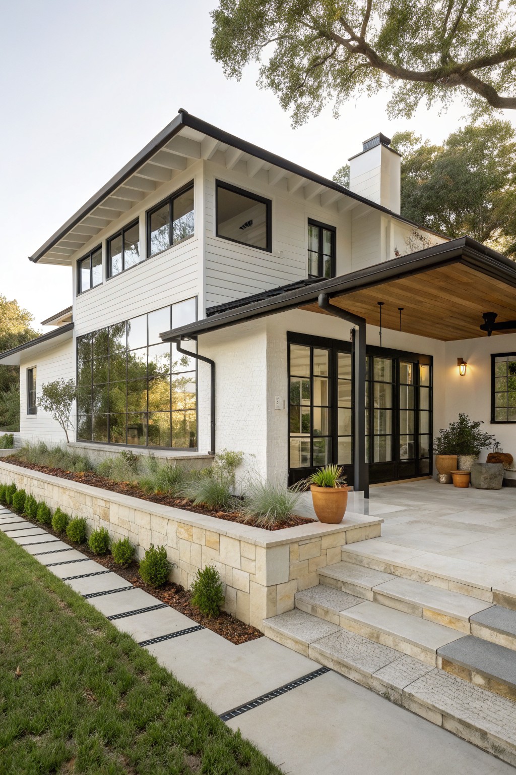 Two-story white house exterior with black-framed windows, covered wooden porch entry, stone retaining wall, potted plants, and stone steps leading to a paved path.