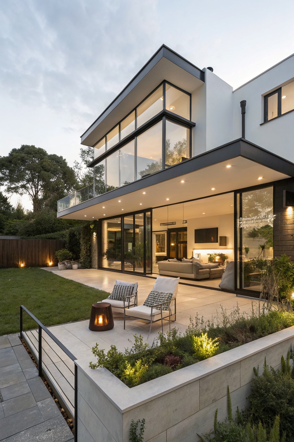 Two-story modern white house exterior at dusk featuring a cantilevered black-trimmed glass upper level over a patio with lounge chairs, sliding glass doors, tiled terrace, lawn, raised planters, and surrounding trees and fence.