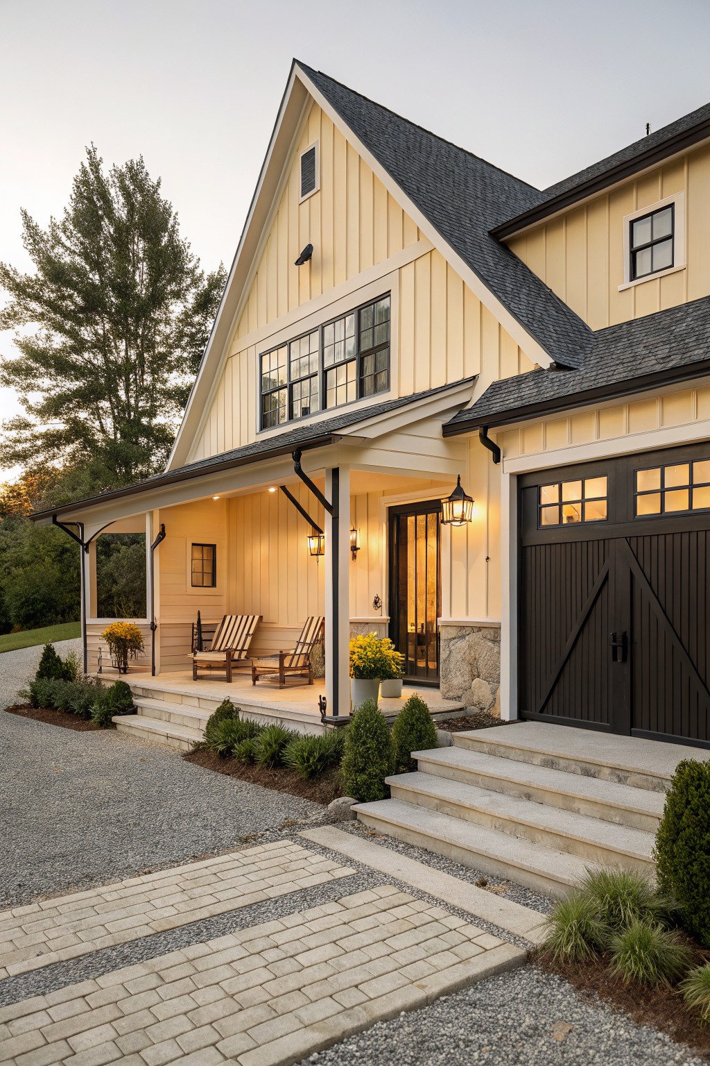 Pale yellow board-and-batten house with gabled roof, covered porch with Adirondack chairs, dark garage door with windows, stone accents, concrete steps, gravel and brick paver driveway, shrubs, and trees.
