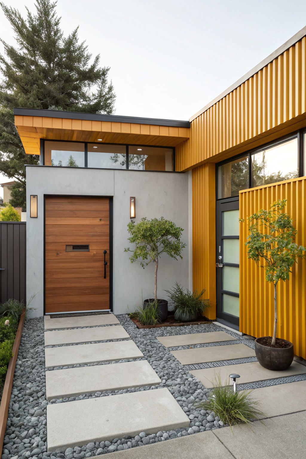 Corner view of a modern single-story house exterior with yellow vertical corrugated metal siding on one side, smooth gray concrete wall and wooden front door on the other, large windows, wall lights, potted trees, gravel ground cover, and concrete paver pathway.