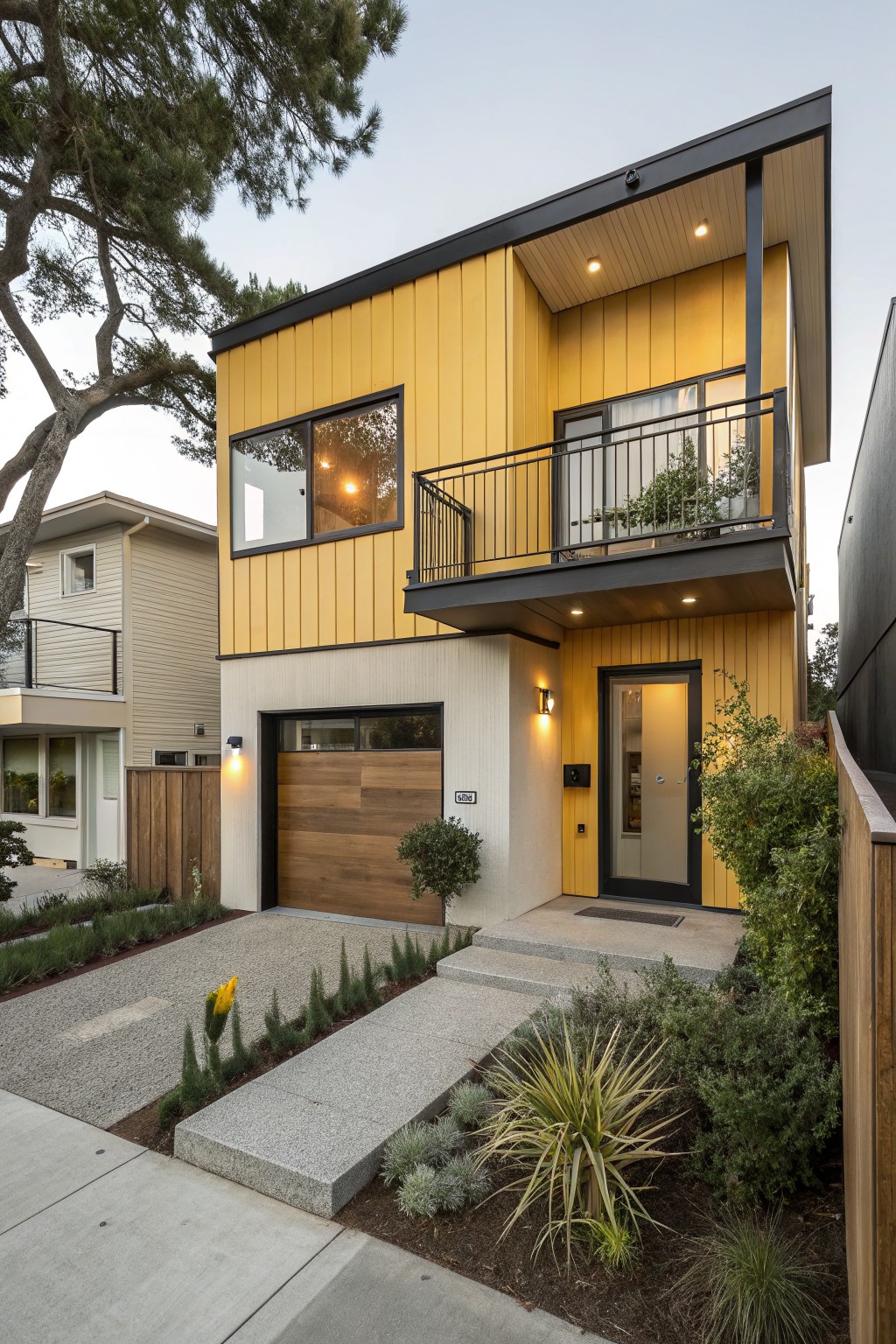 Modern two-story house exterior featuring yellow vertical board-and-batten siding, black metal balcony with railing, wooden garage door, concrete entry steps, and drought-tolerant landscaping.