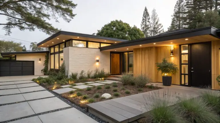 Modern yellow stucco house exterior with black front door, cantilevered roof overhang, wood siding panel, stone accent wall, concrete steps, and gravel path edged by grasses.