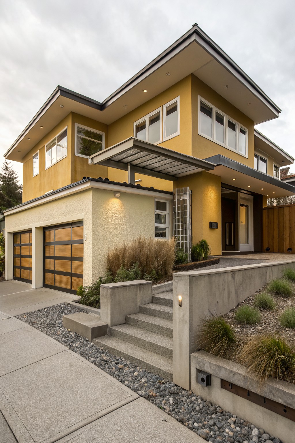 Two-story modern house exterior painted mustard yellow stucco with flat roofs, double garage featuring dark wood doors, concrete entry steps and retaining wall edged with pebbles and grasses along a driveway.