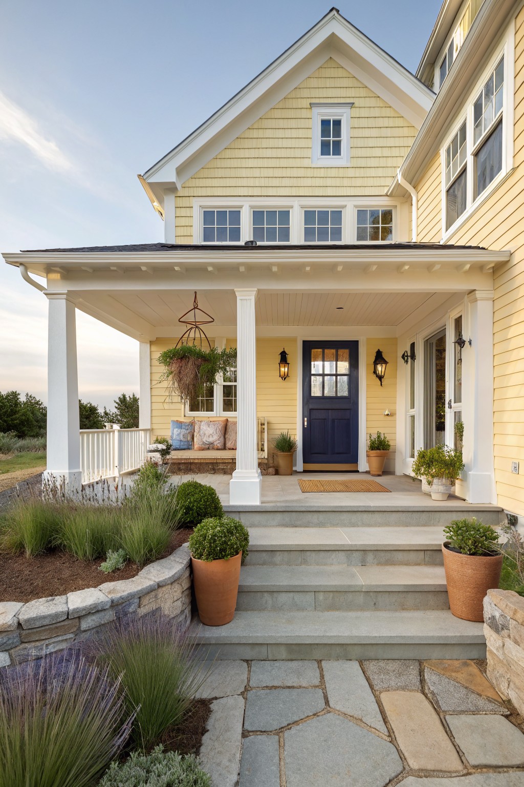 Pale yellow shingle-style house exterior with white porch columns, deep navy front door with glass panels, hanging plant basket, cushioned porch swing, potted plants on concrete steps, and stone pathway edged with grasses and lavender shrubs.