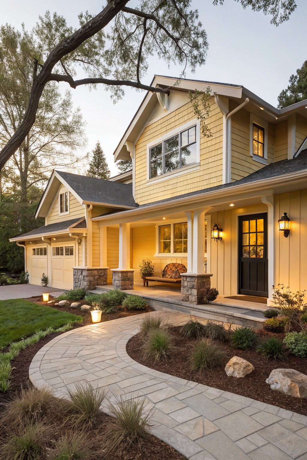 A two-story yellow shingled Craftsman-style house with covered porch, double garage, black paneled front door, stone pillars, curved paver pathway, low plantings, and path lights in evening light.
