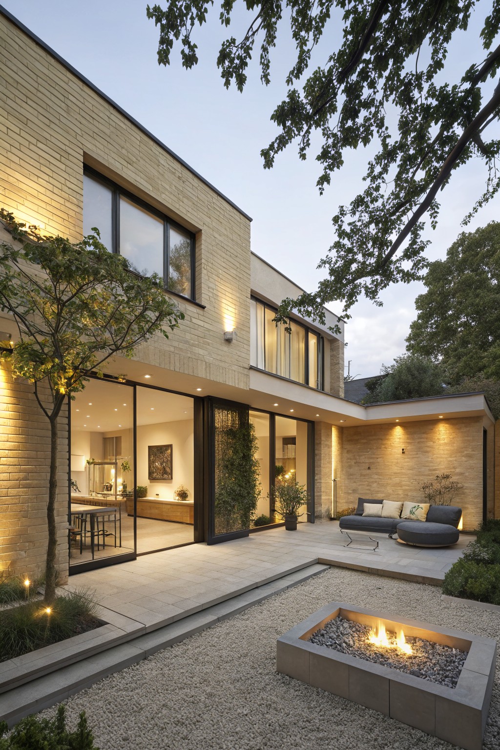 Rear exterior of a modern two-story house clad in light yellow brick, featuring large floor-to-ceiling glass doors opening to a minimalist terrace with a rectangular gas fire pit, gravel ground cover, low modern seating, potted plants, uplights, and overhanging trees at dusk.