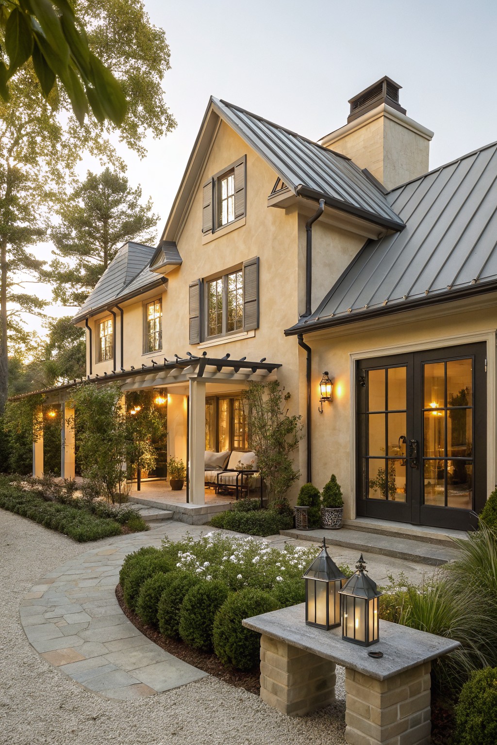 Two-story house exterior with pale yellow stucco walls, dark gray standing seam metal roof, black shutters, wooden pergola-covered porch, stone path, lanterns, and low shrubs in the yard.