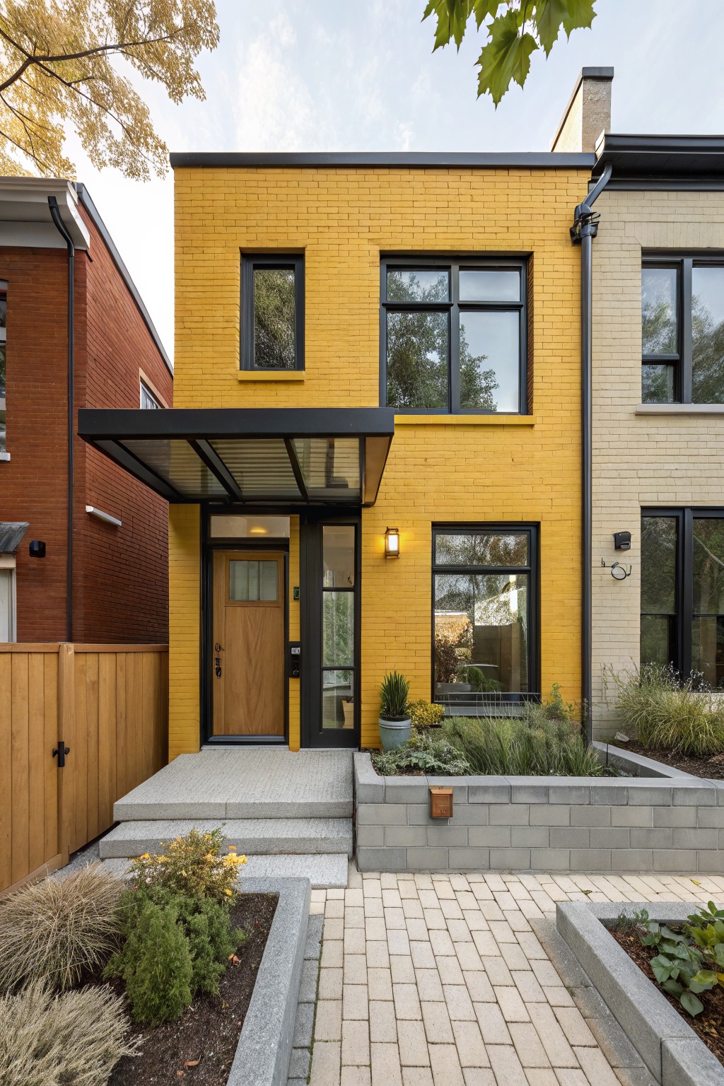 A two-story yellow brick townhouse with black-framed windows, a glass-roofed metal canopy over the wooden entry door, concrete steps, gray block planters with grasses and shrubs, and paver pathway, next to red and beige brick neighbors.