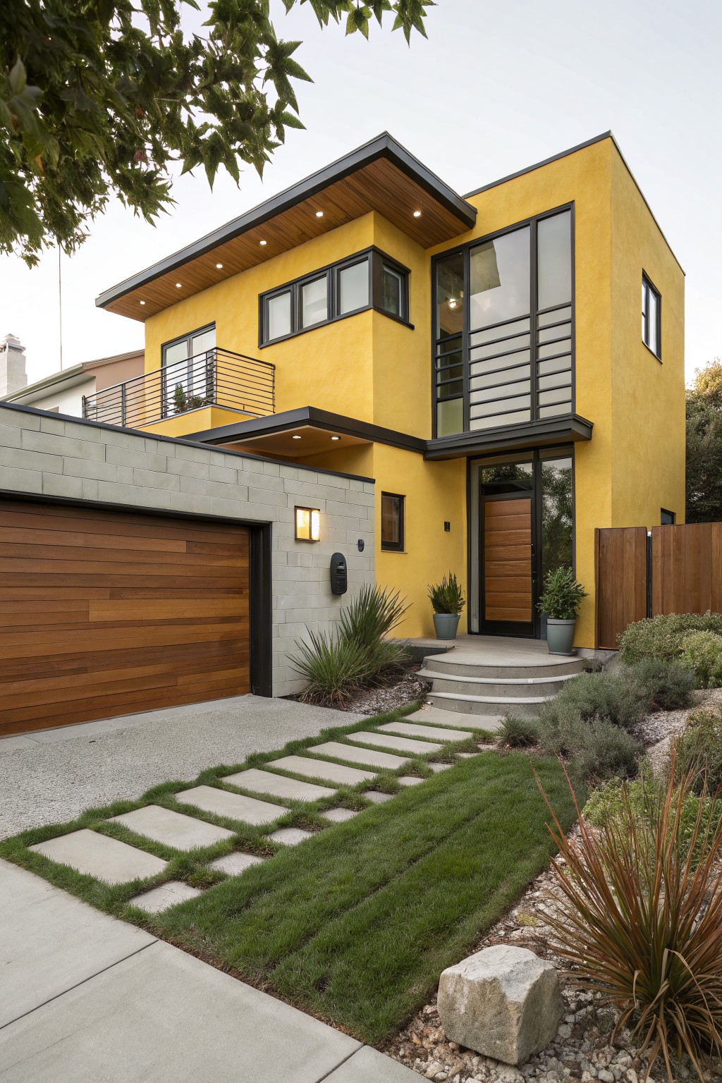 Two-story modern yellow stucco house with black-framed windows, cantilevered roof, wood garage door and entry door, concrete accent wall, curved steps to entrance, and front landscaping with grass path and plants.