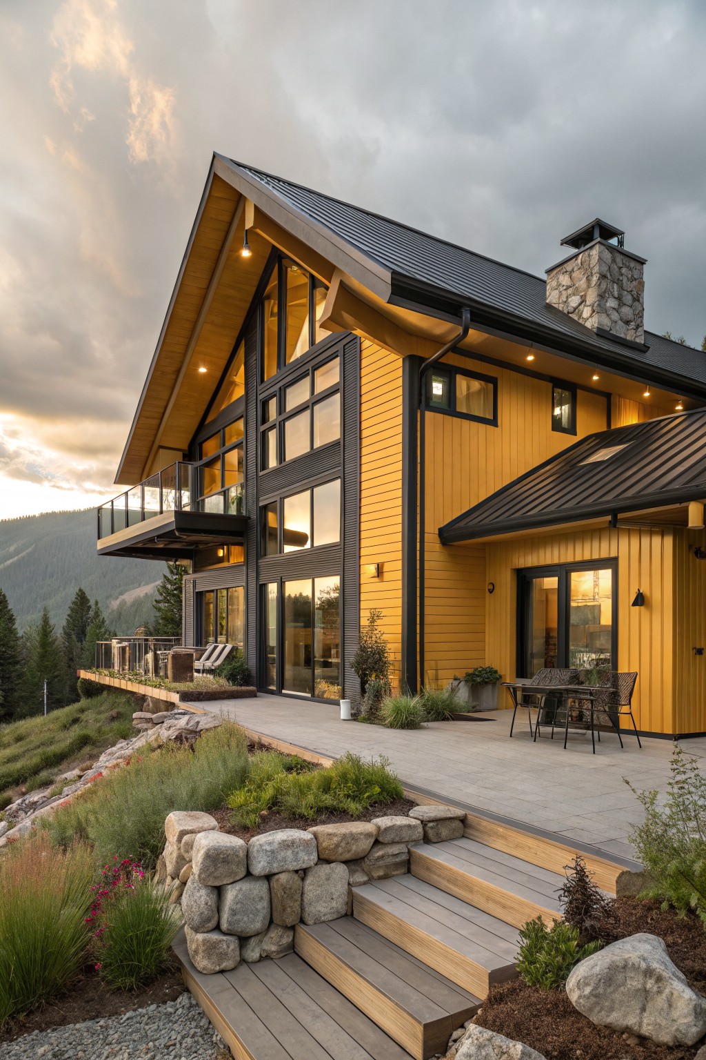 A two-story modern house with yellow vertical siding, black metal roof, large glass windows and balcony, stone chimney, wooden deck with lounge chairs and table, stone retaining walls, plants, and steps, on a hillside overlooking mountains under a partly cloudy sunset sky.