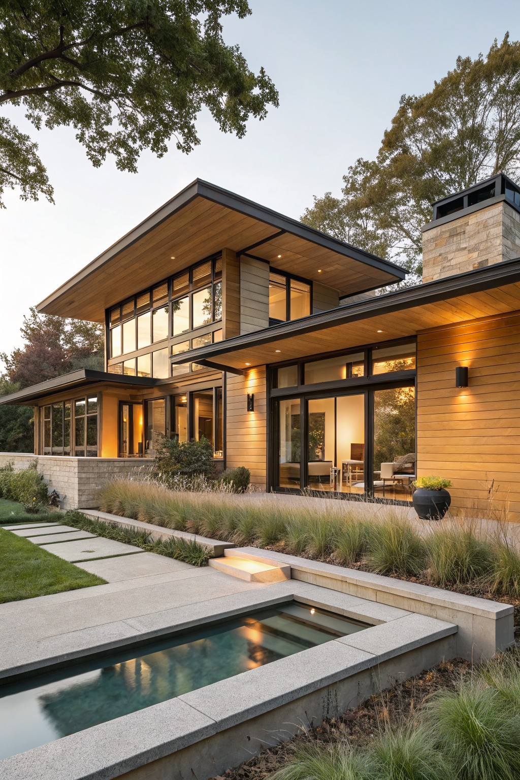 Side exterior view of a two-story modern house featuring horizontal cedar wood siding, large multi-pane windows, a stone chimney, adjacent landscaping with grasses, steps, and a rectangular infinity-edge pool at dusk.