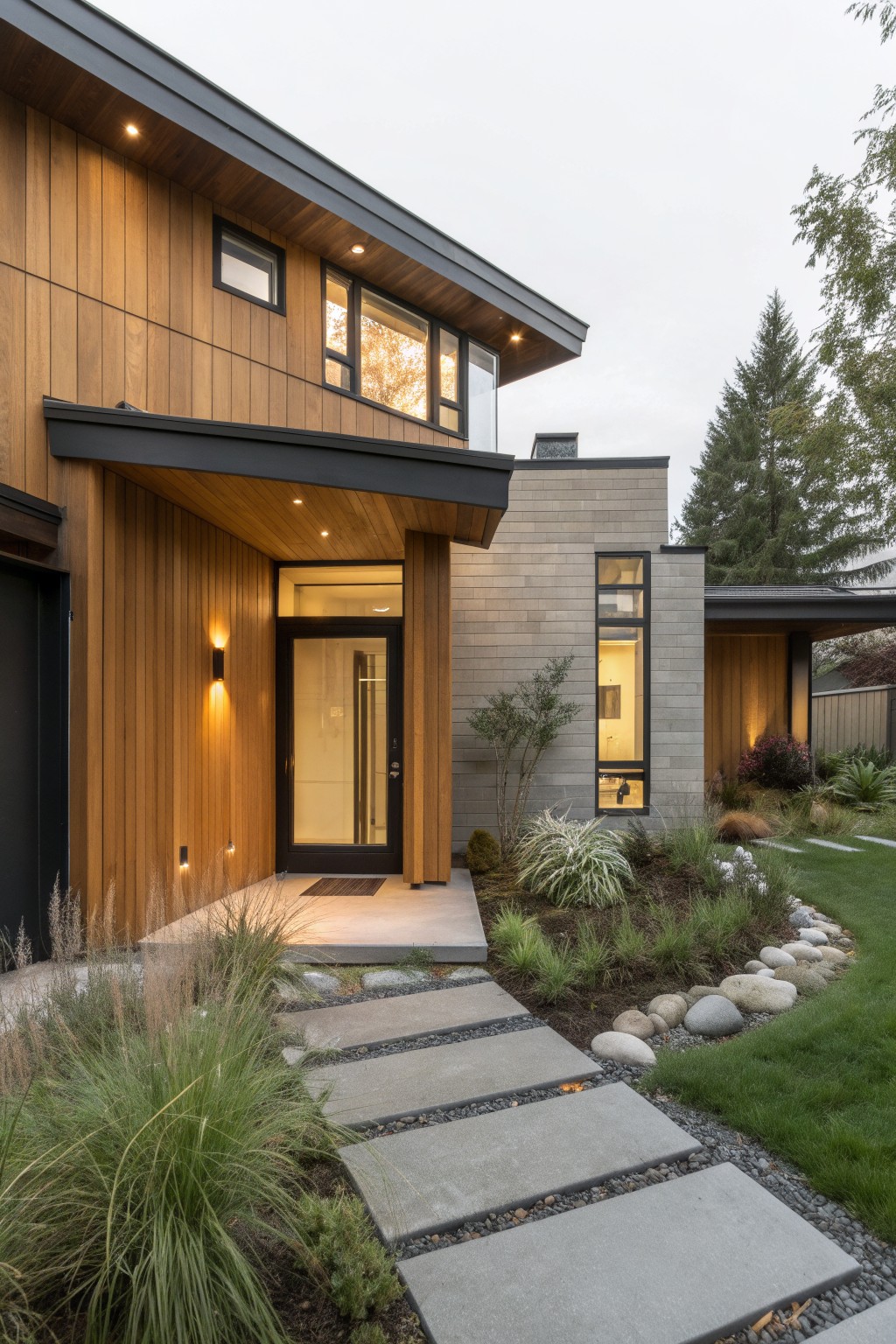 Contemporary house exterior with vertical golden wood siding, gray concrete block accent wall, black-framed glass entry door under a cantilevered wood overhang, and flagstone pathway edged by grasses and rocks.