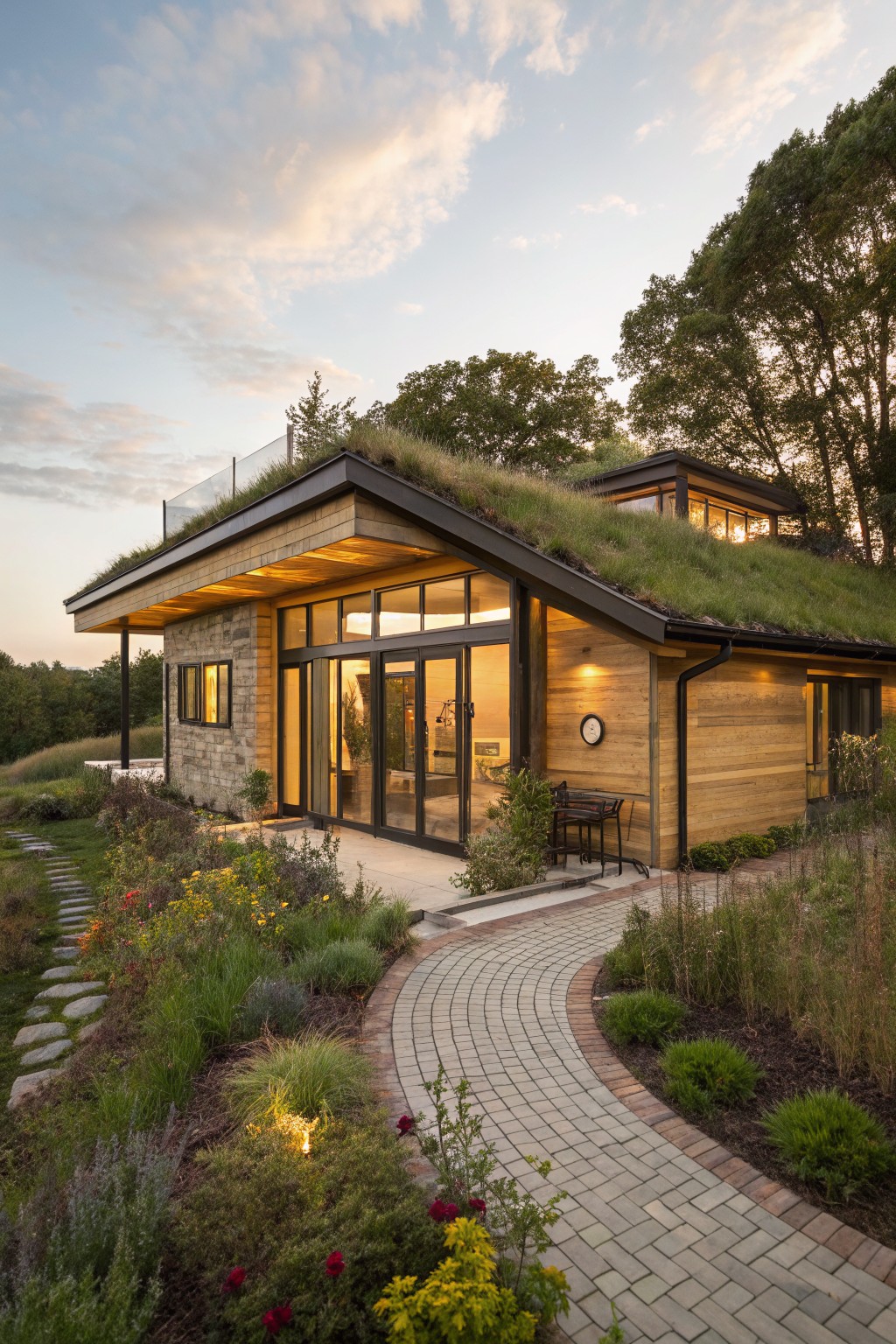 Modern house exterior featuring warm cedar wood siding, green sedum roof, stone foundation, large glass entry doors, small outdoor seating area, brick pathway, and native plant gardens on a hillside at sunset.