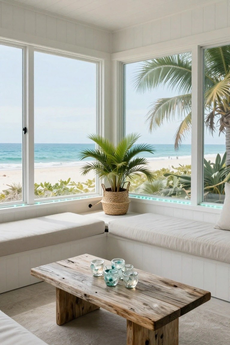 White interior room corner with large windows overlooking beach and palms, built-in cushioned bench seats, driftwood coffee table holding glass candle holders, potted palm plant, and thin blue LED strip lights along window sills and bench bases.