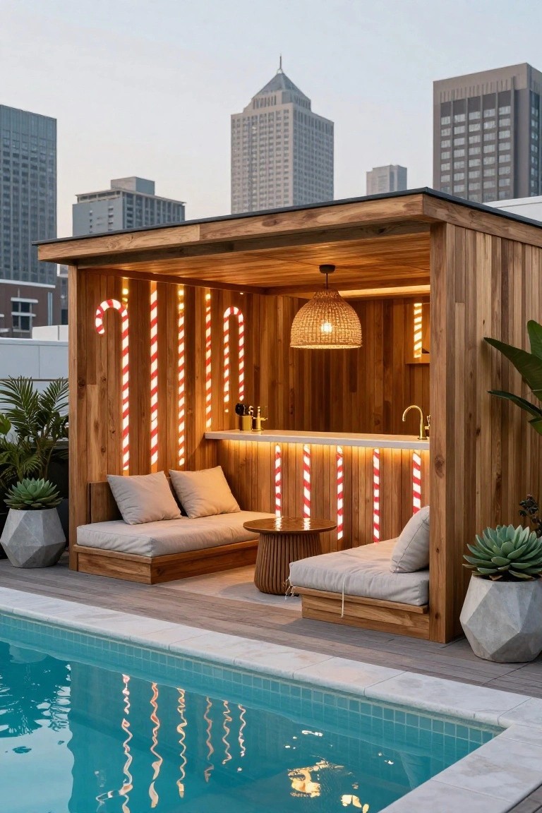 Rooftop wooden pavilion featuring vertical red-and-white candy cane LED lights on interior walls, bar counter with stools, low cushioned bench seating, potted plants, and turquoise pool edge with city skyline at dusk.