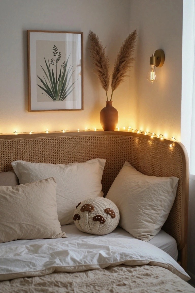 Bedroom corner showing a rattan headboard outlined with fairy lights, neutral pillows including a knit mushroom one, beige bedding, pampas grass in a terracotta vase, wall art of a plant, and a wall sconce.