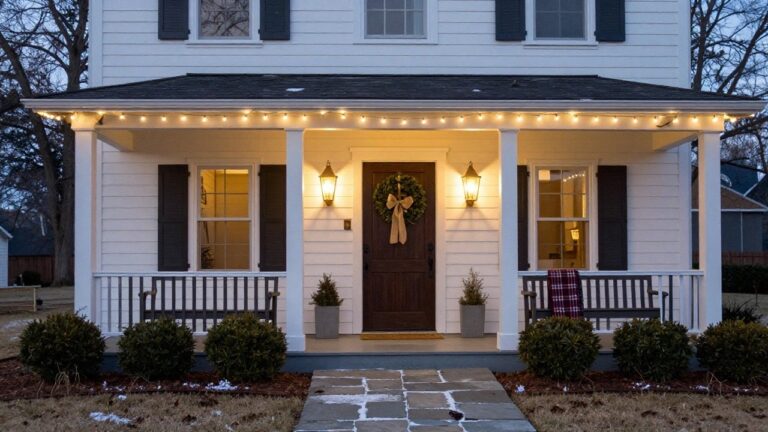 White clapboard house with gabled front porch at dusk, string lights along roofline and gable edges, wooden double door with magnolia wreath and bow, black lanterns on posts and ground, plaid blanket on bench, boxwood shrubs, stone walkway with light snow.