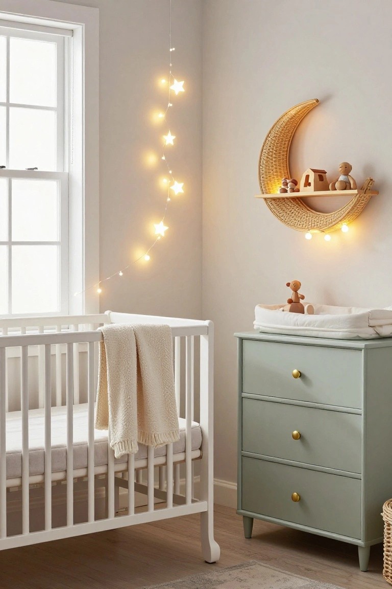 Nursery corner with white crib draped in cream blanket, sage green three-drawer dresser with white changing pad, rattan crescent moon wall shelf holding wooden toys and lit bulbs, and yellow string lights with glowing star shapes hanging from ceiling against beige walls.
