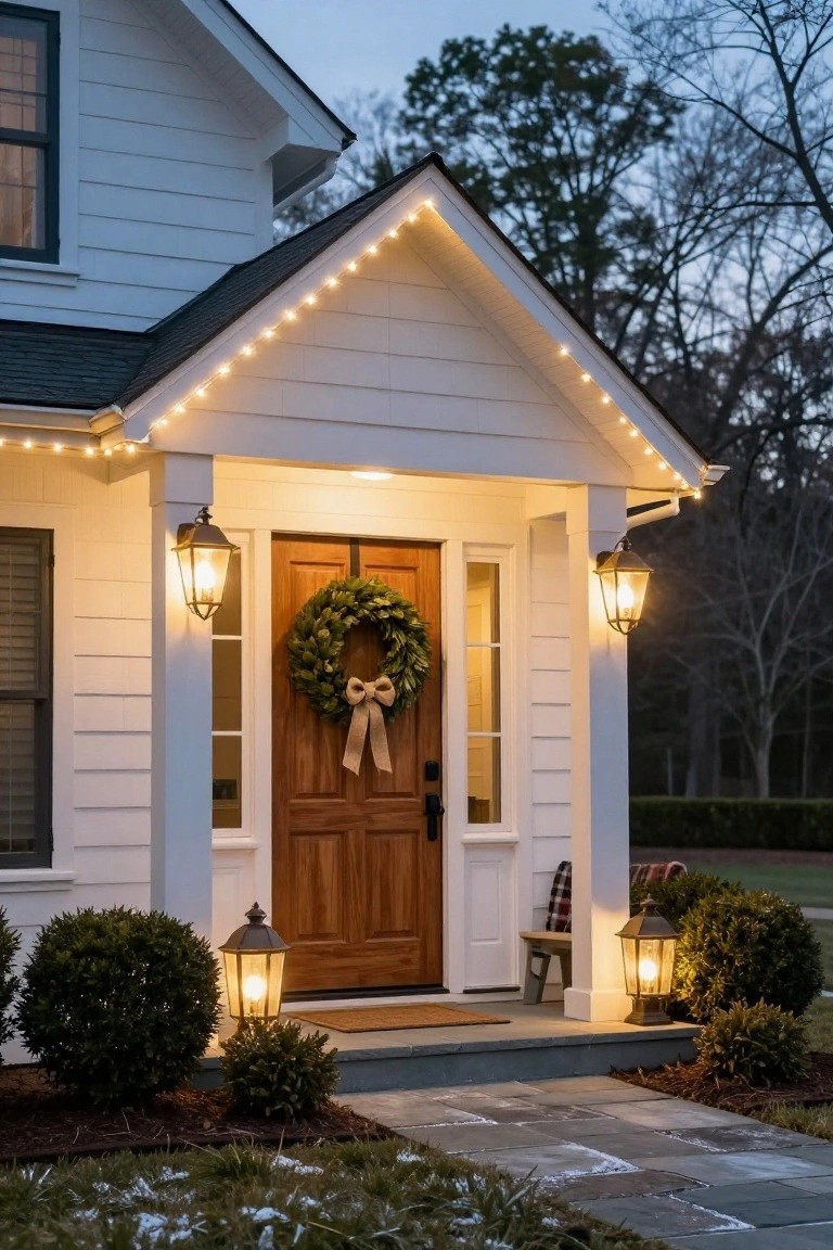 White clapboard house with gabled front porch at dusk, string lights along roofline and gable edges, wooden double door with magnolia wreath and bow, black lanterns on posts and ground, plaid blanket on bench, boxwood shrubs, stone walkway with light snow.