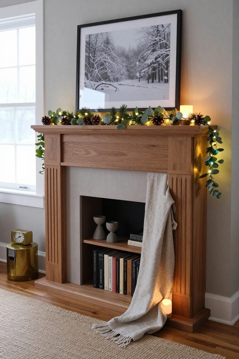 Wooden fireplace mantel decorated with evergreen garland, pinecones, eucalyptus leaves, and fairy lights, with books on built-in shelves below, a draped gray throw, and candles nearby in a light gray room.