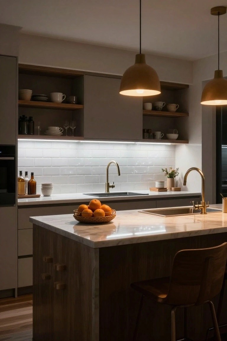 Modern kitchen interior at night with gray cabinets, white subway tile backsplash lit by under-cabinet LEDs, gold faucets, wood island topped with bowl of oranges, pendant lights overhead, and wooden bar stool.